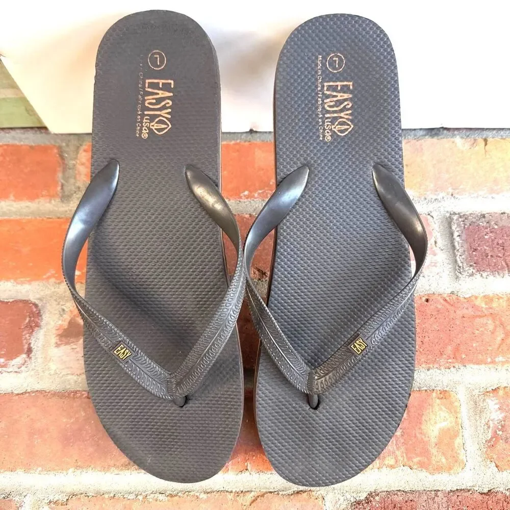 Easy usa Men's Black and Yellow Band Flip Flops Sandals Slip-Ons